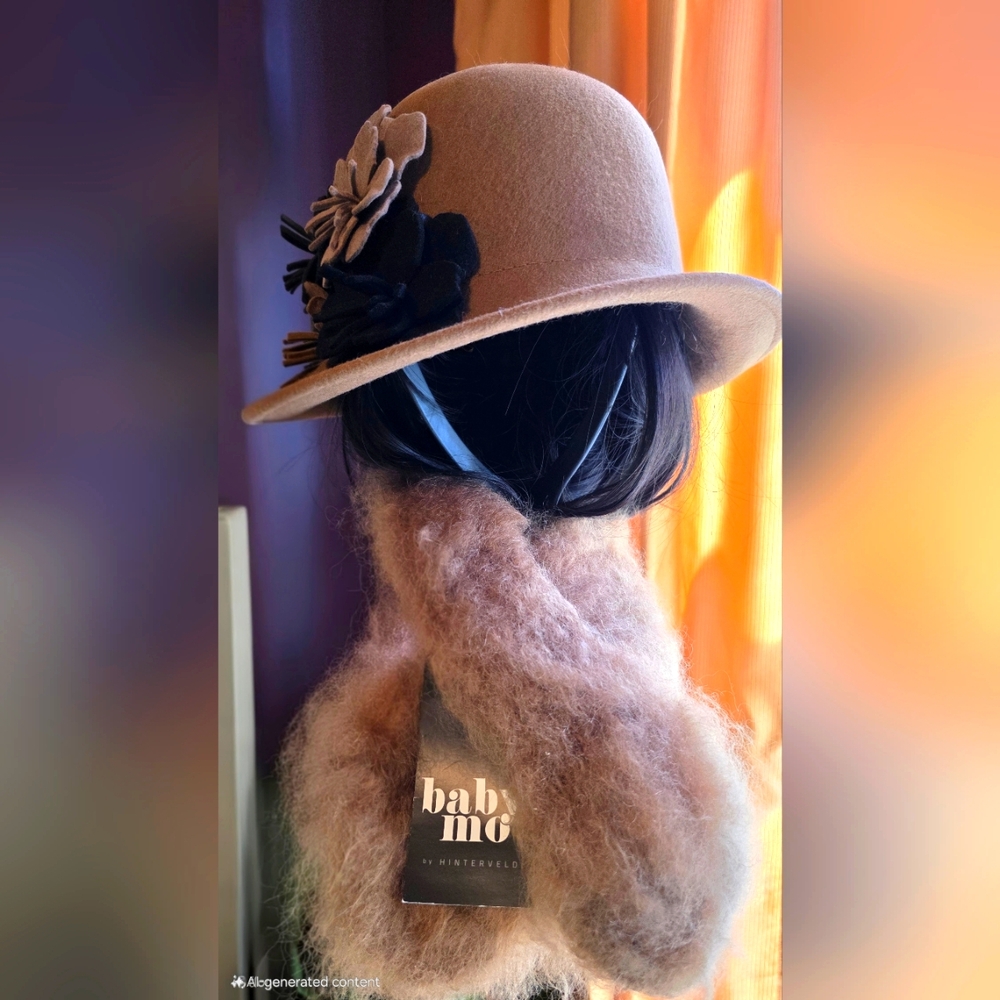 Genuine Mohair Scarf & Hat & Set - Pull Thru Necklette & Tan Wool Hat.